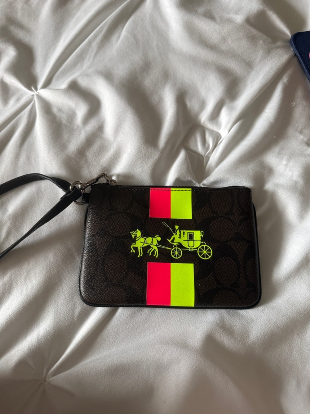 Coach Brown Wristlet with Neon Pink and Neon Yellow Accents